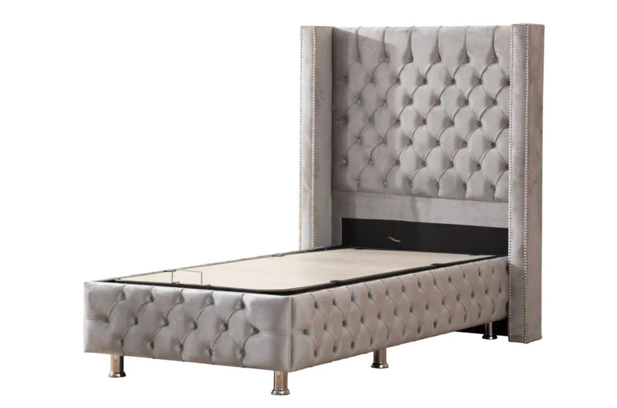 Lit Coffre Enfant CLOUTE GRIS - Velours capitonné