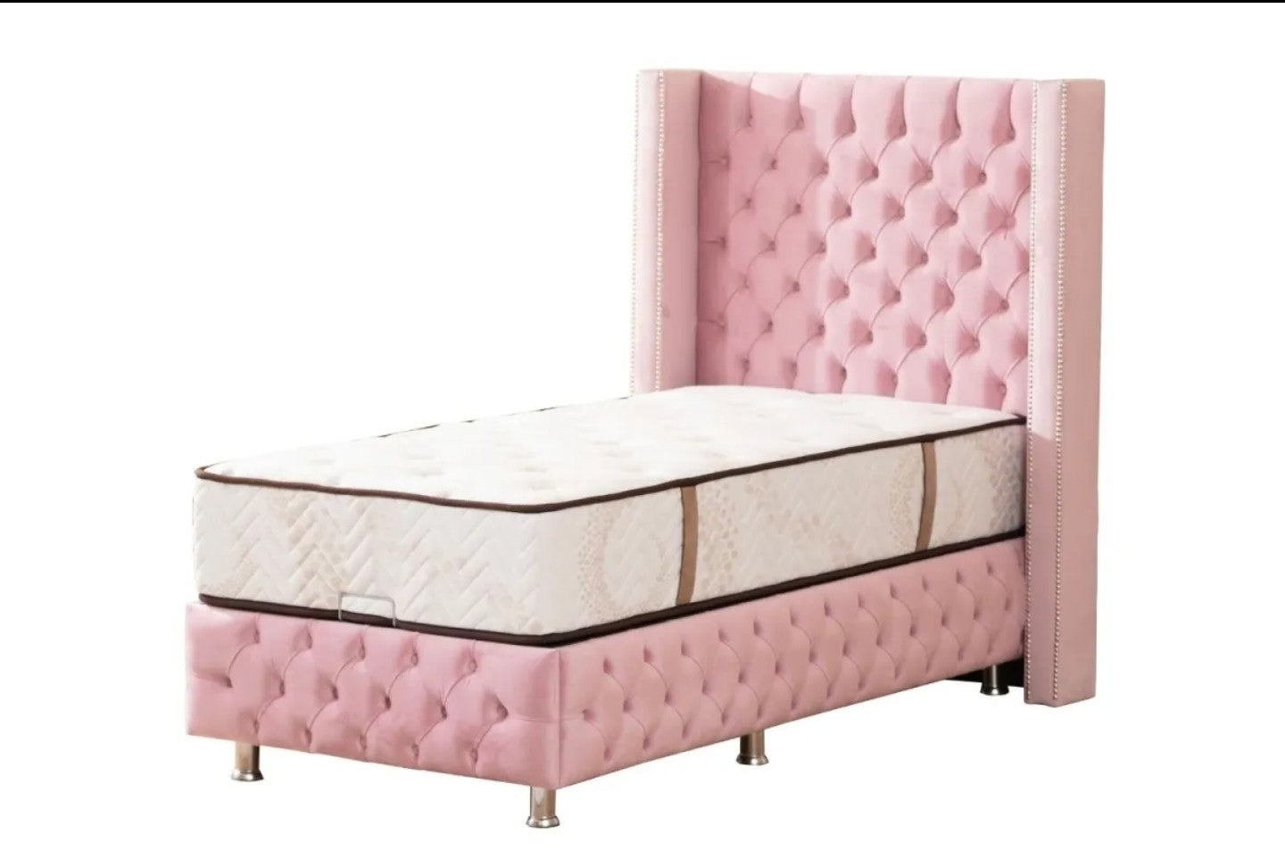 Lit Coffre Enfant CLOUTE ROSE - Velours capitonné