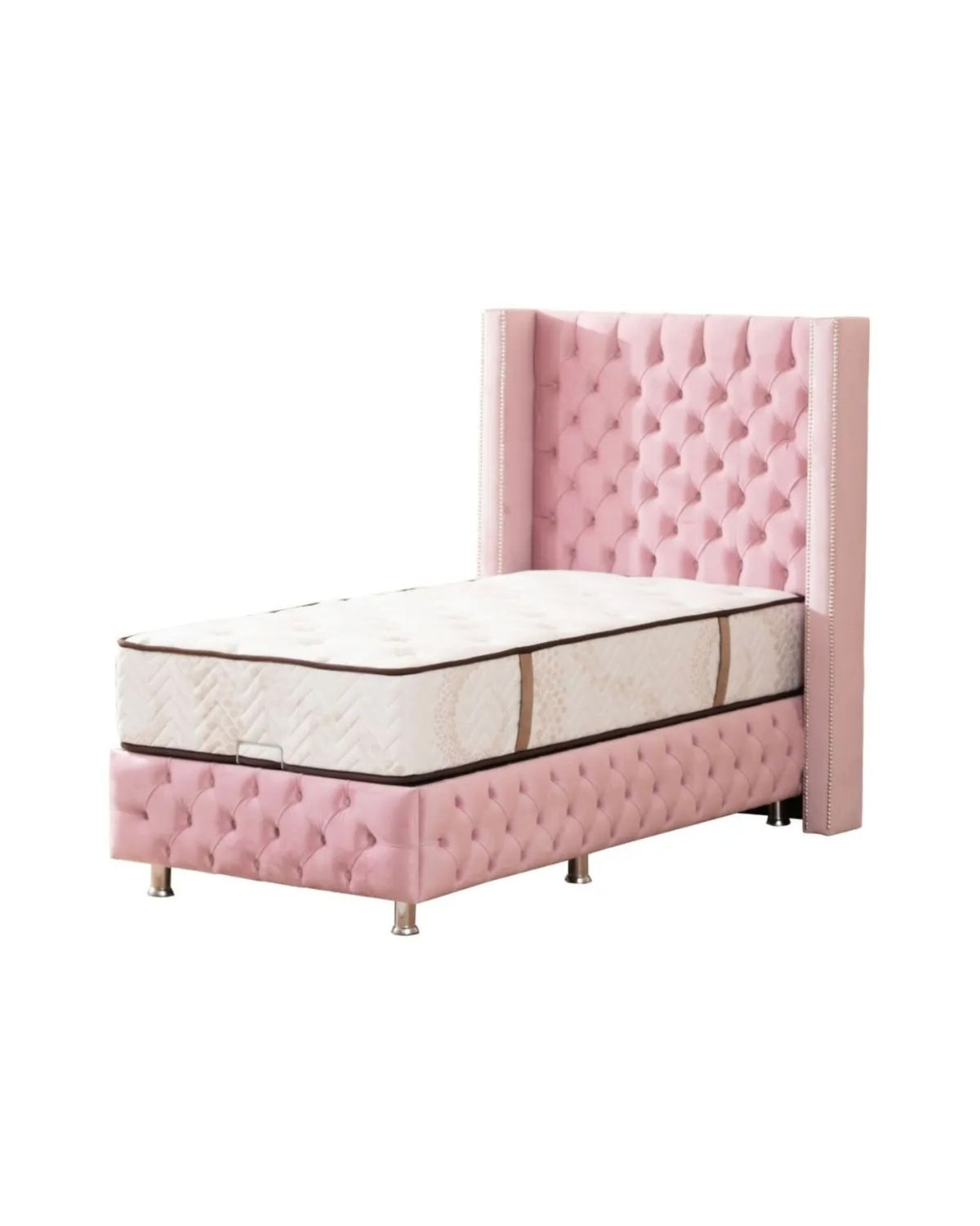 Lit Coffre Enfant CLOUTE ROSE - Velours capitonné