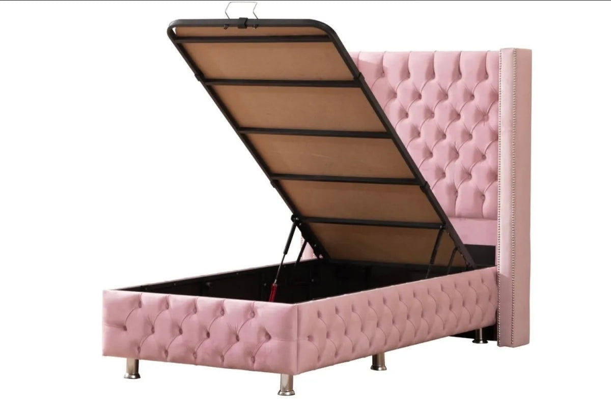 Lit Coffre Enfant CLOUTE ROSE - Velours capitonné