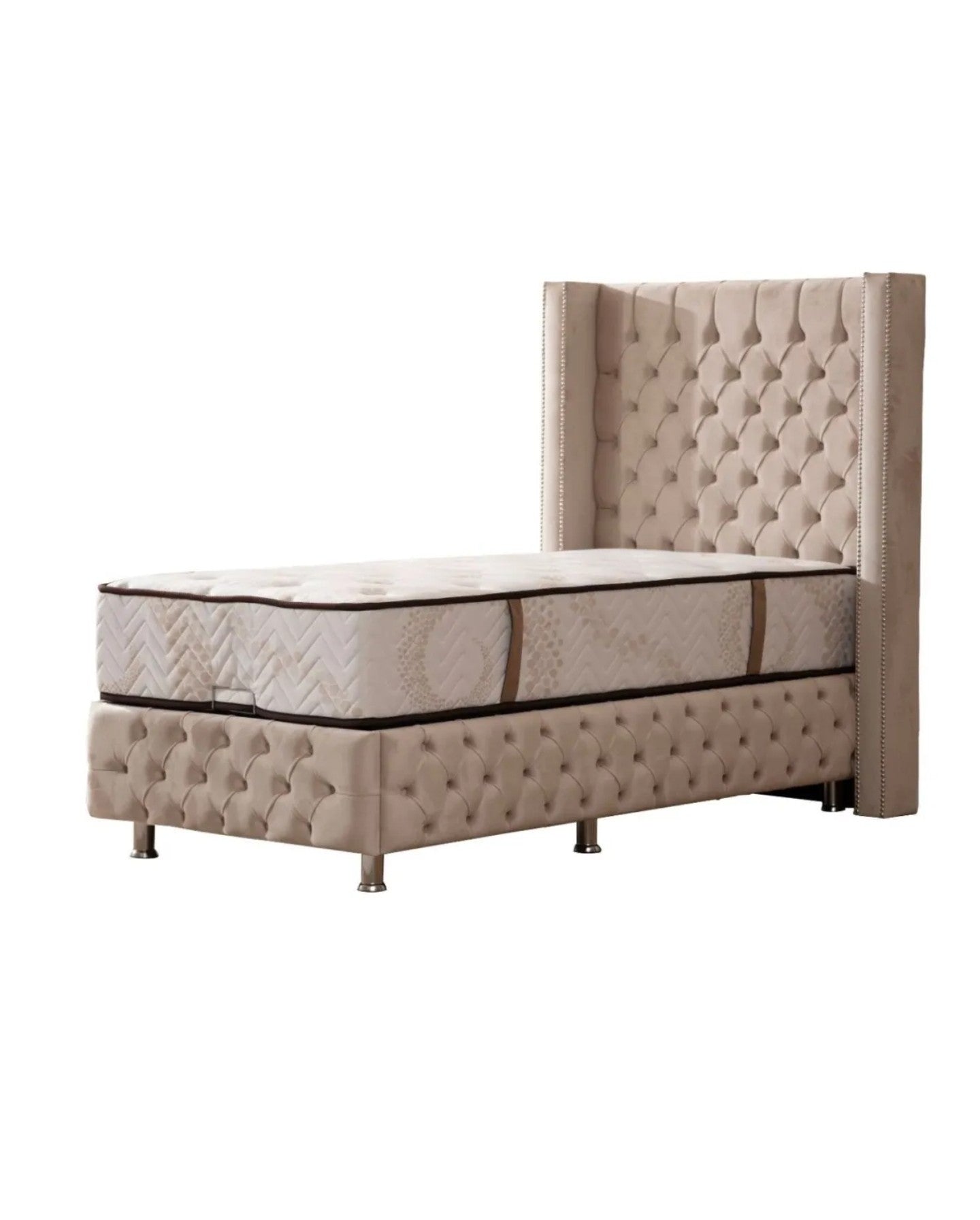 Lit Coffre Enfant CLOUTE BEIGE - Velours capitonné