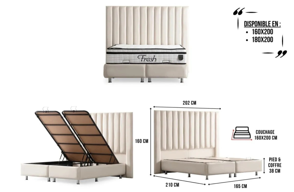 Lit Coffre ATHENA BLANC CASSE - VELOURS ( SANS MATELAS )