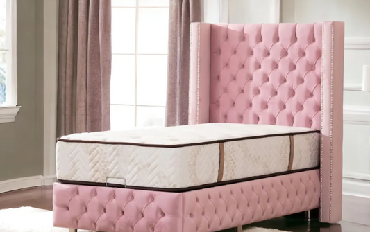 Lit Coffre Enfant CLOUTE ROSE - Velours capitonné