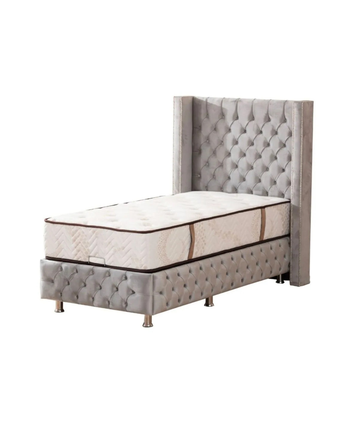 Lit Coffre Enfant CLOUTE GRIS - Velours capitonné
